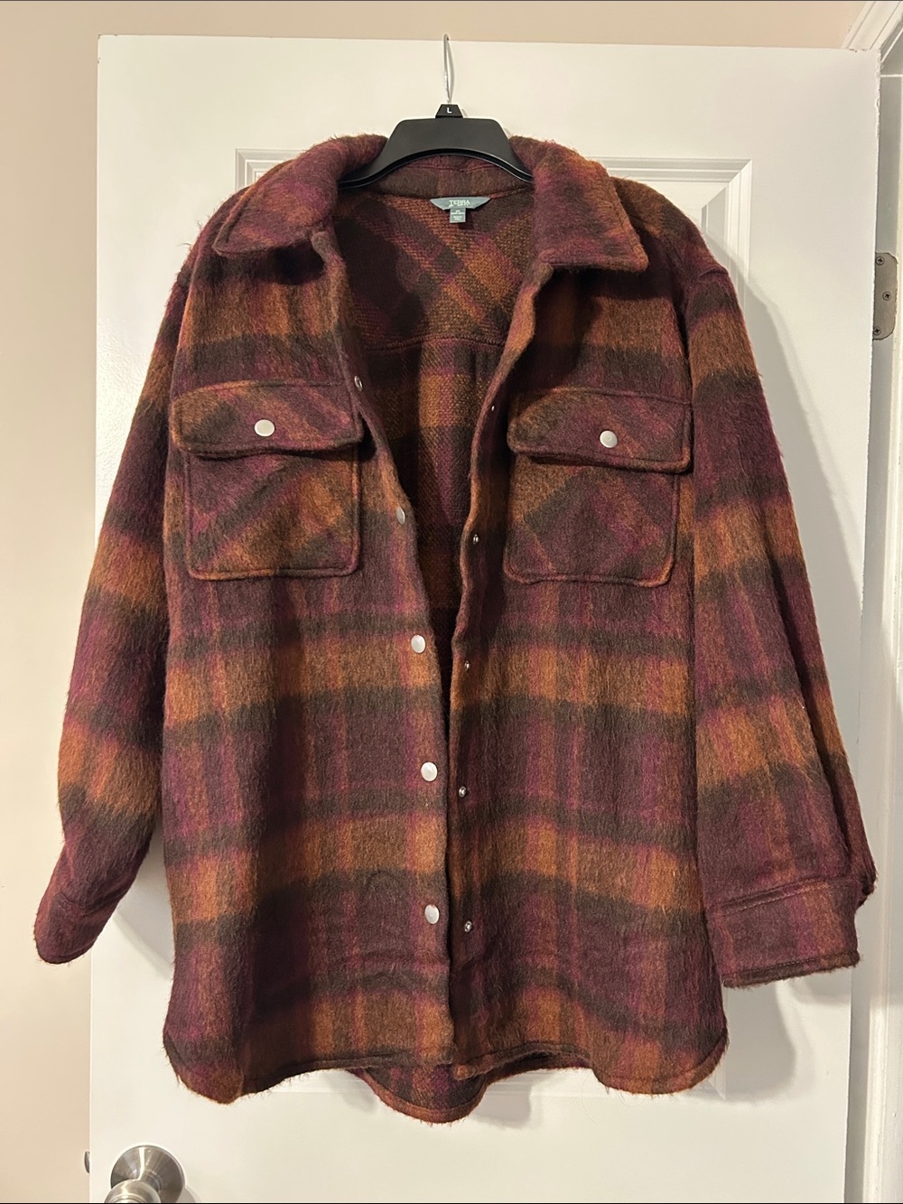 Terra & Sky Plaid Utility Shacket in Burgundy and Rust
